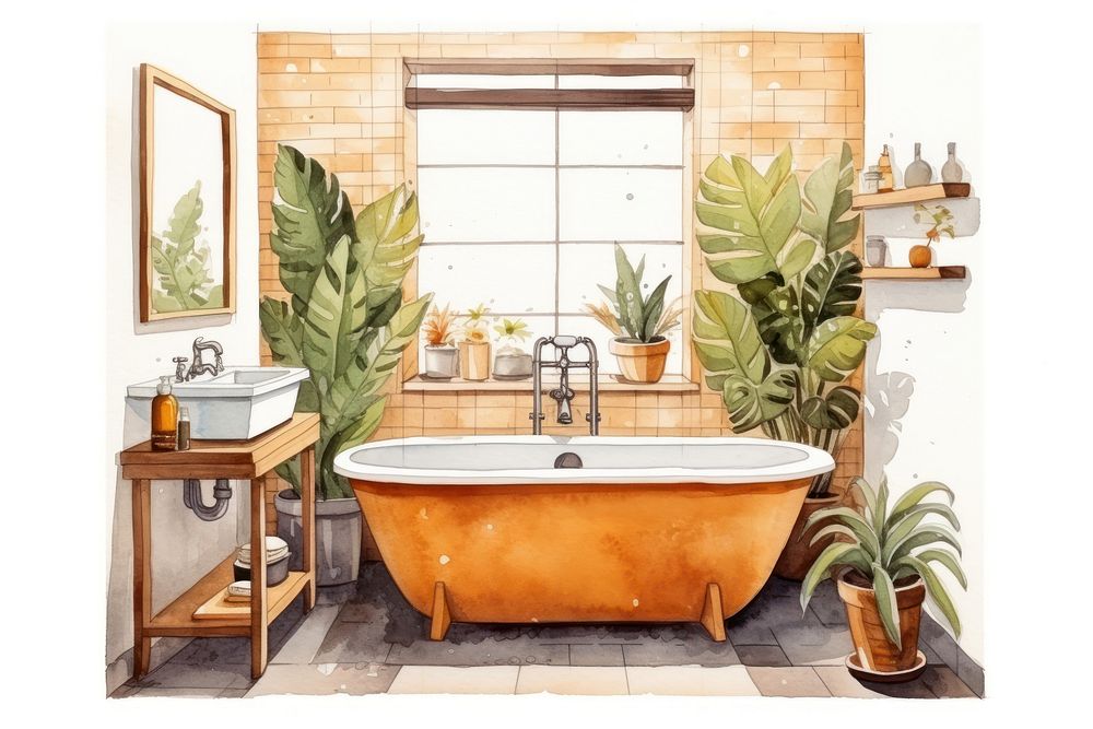 Bathroom bathtub plant sink. 