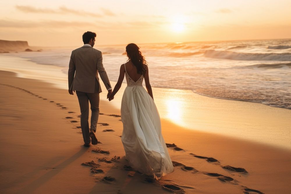 Married wedding walking beach. AI generated Image by rawpixel.