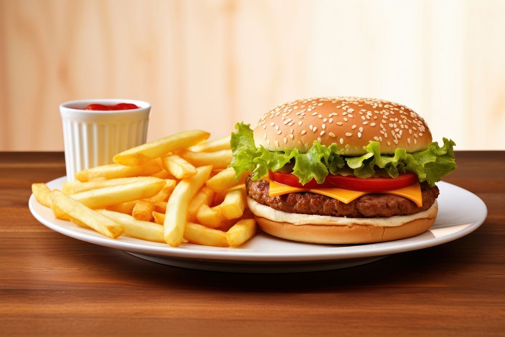 Burger plate fries food. AI generated Image by rawpixel.
