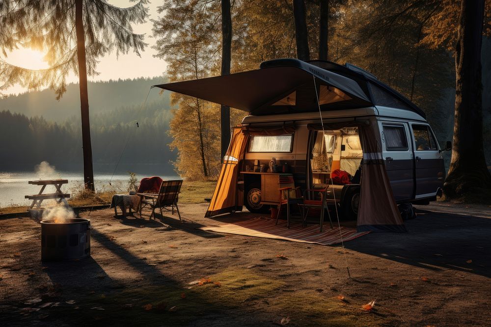 Camping architecture outdoors vehicle. AI generated Image by rawpixel.