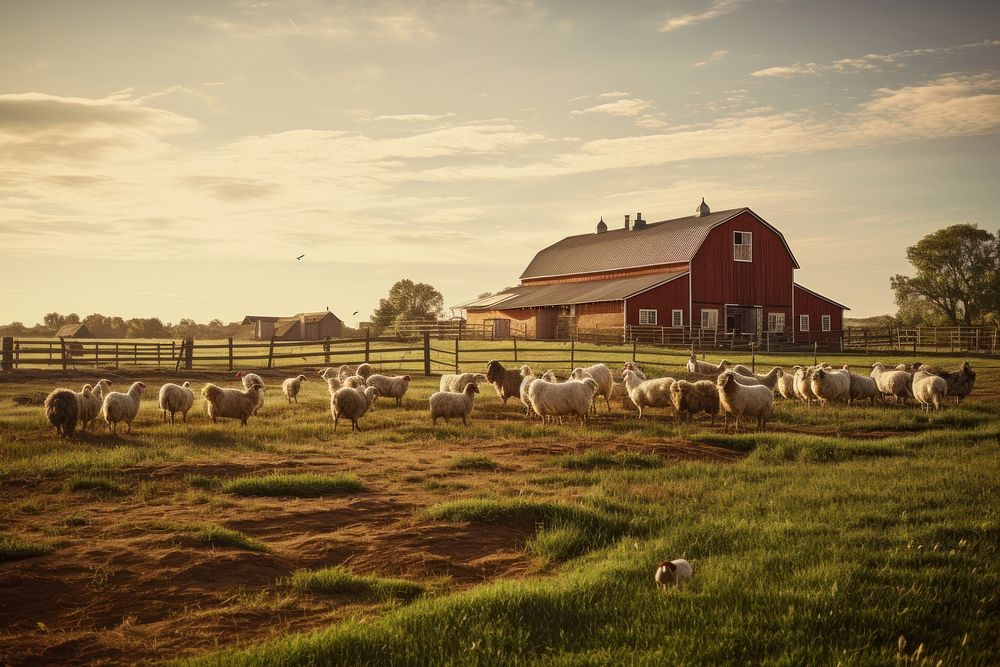 Animal farm architecture grassland. AI generated Image by rawpixel.