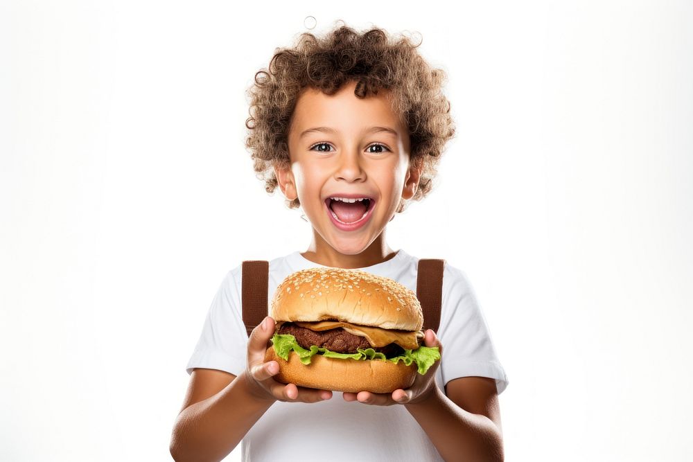 Eating burger food white background. 