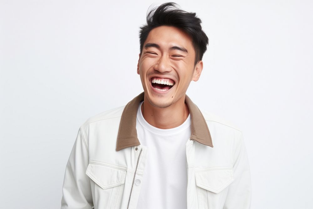 Laughing adult man white background. 