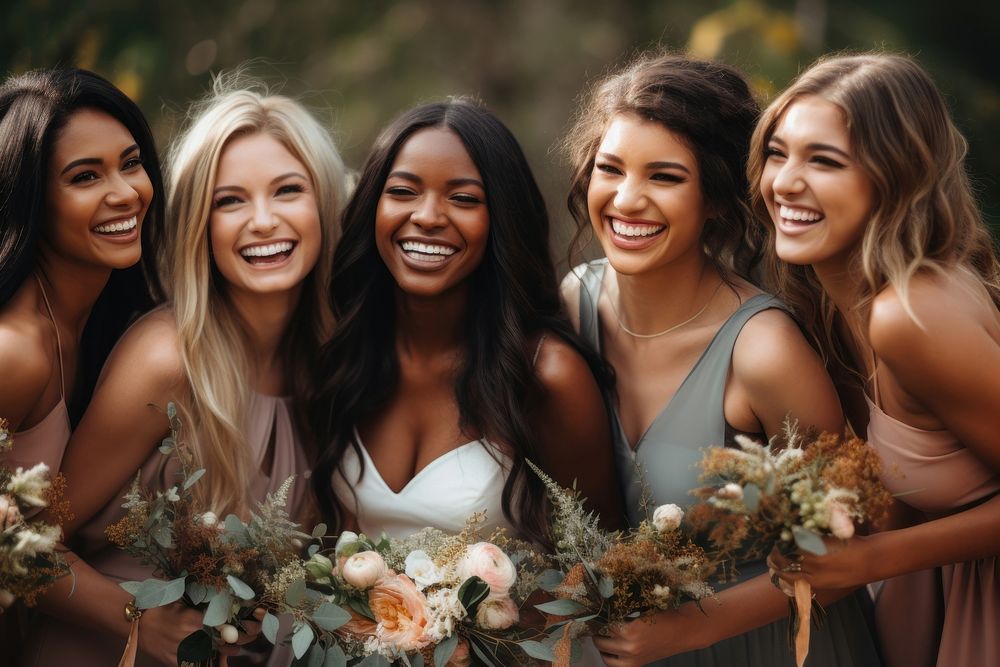 Bride bridesmaid laughing outdoors. 