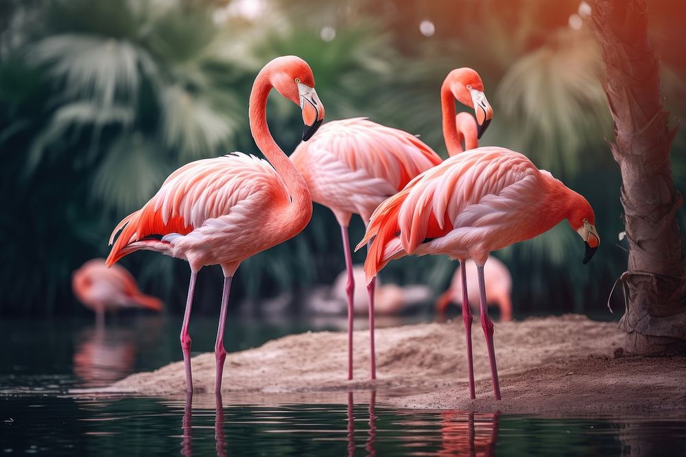 Flamingo animal bird reflection. 