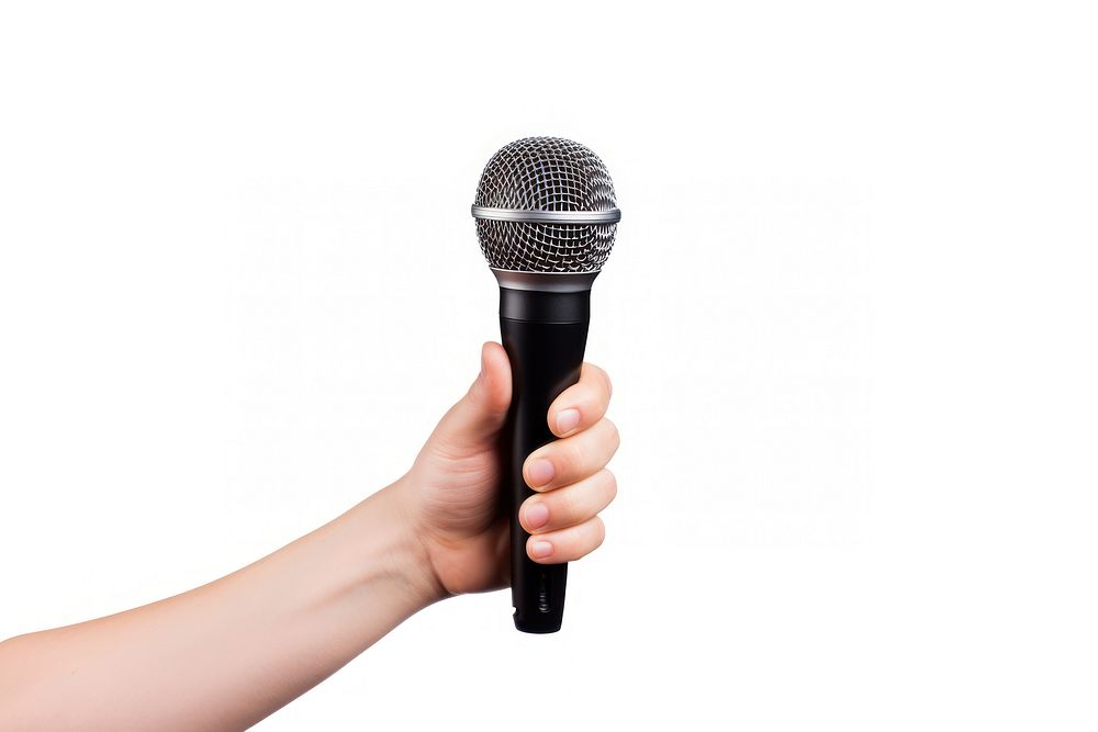 Microphone hand white background performance. 