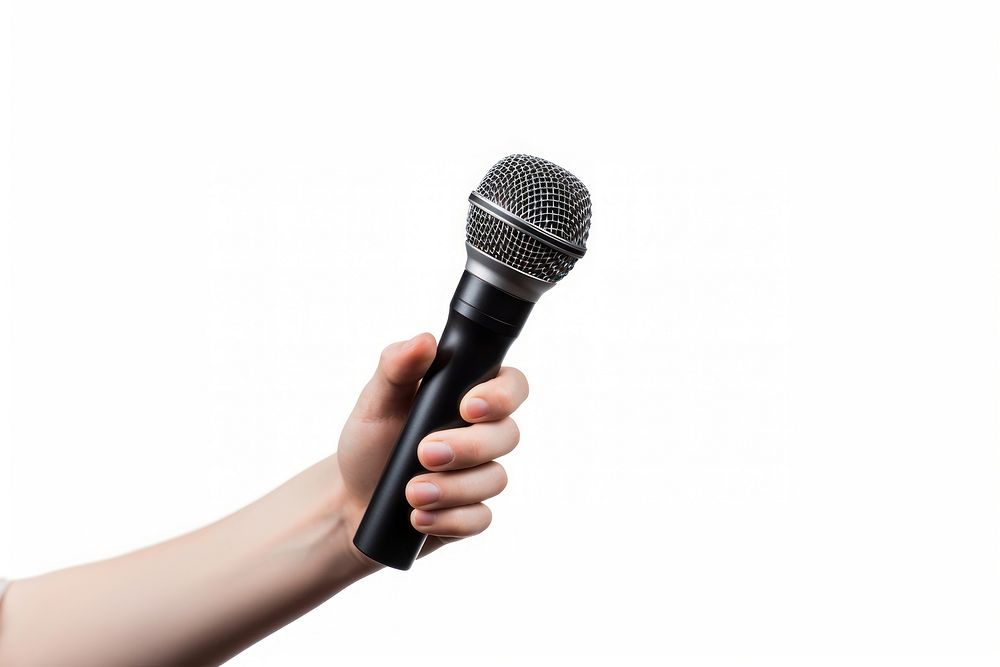 Microphone hand white background performance. 