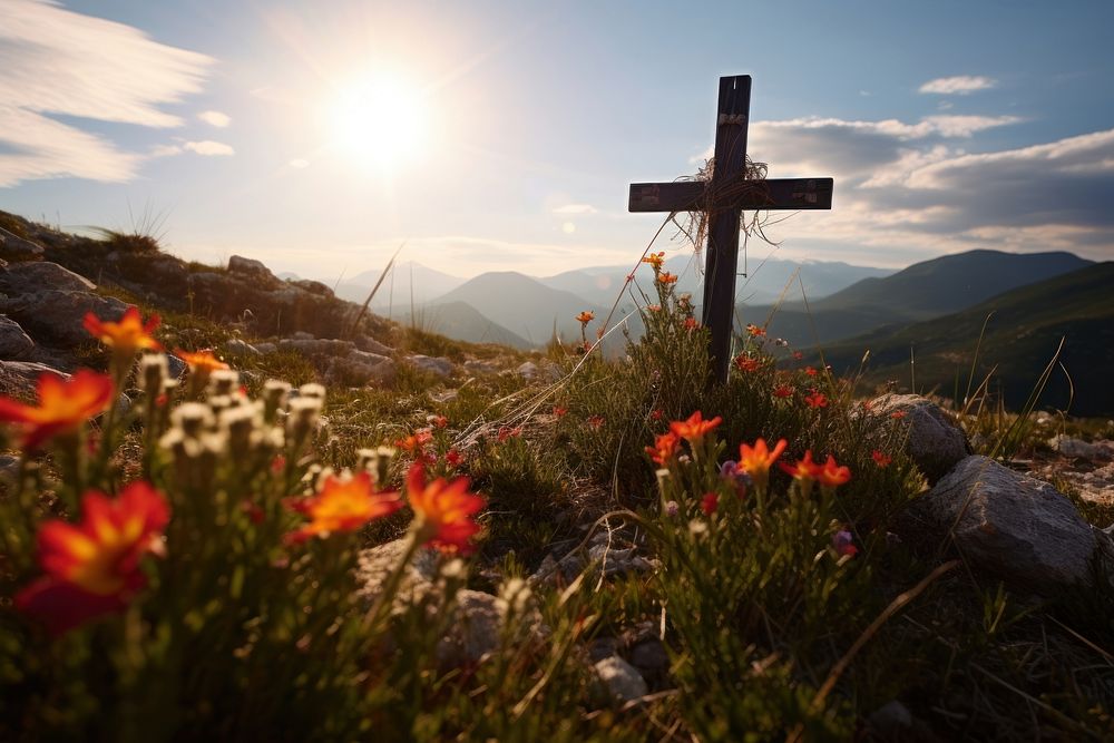 Flower cross mountain sunlight. AI generated Image by rawpixel.