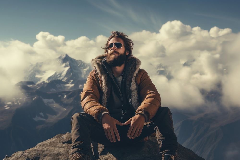 Sunglasses mountain portrait outdoors. 