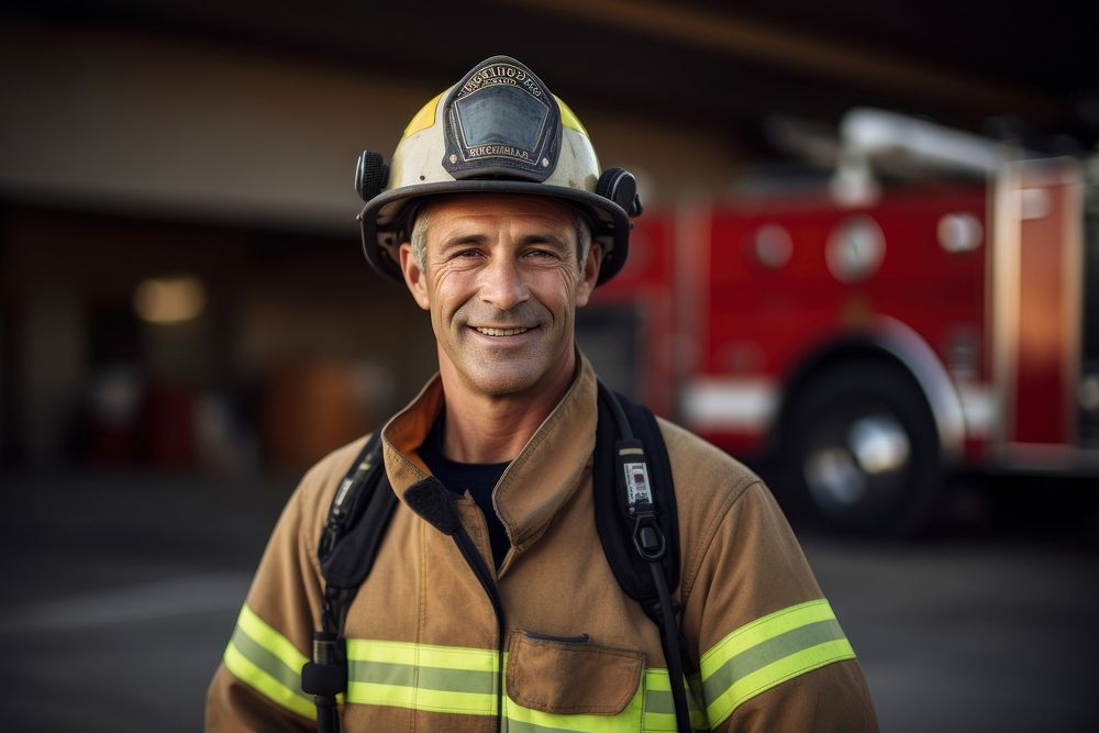 Firefighter smiling helmet adult. AI generated Image by rawpixel.
