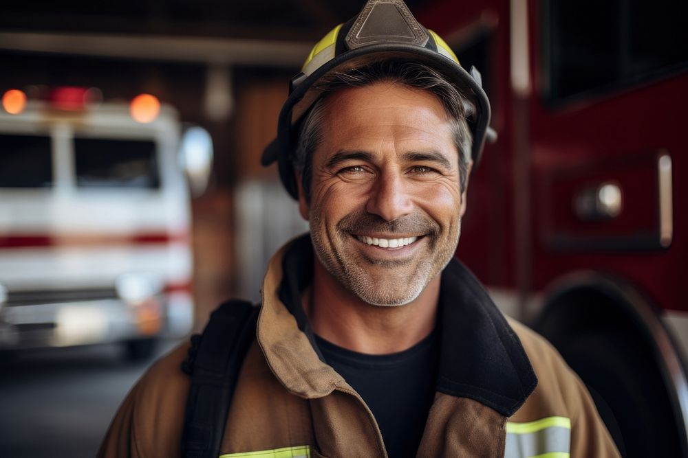 Firefighter vehicle smiling person. AI generated Image by rawpixel.