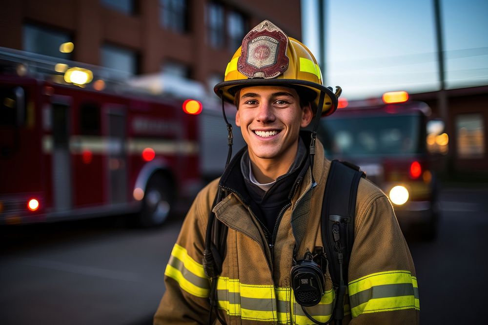 Firefighter vehicle smiling helmet. AI generated Image by rawpixel.