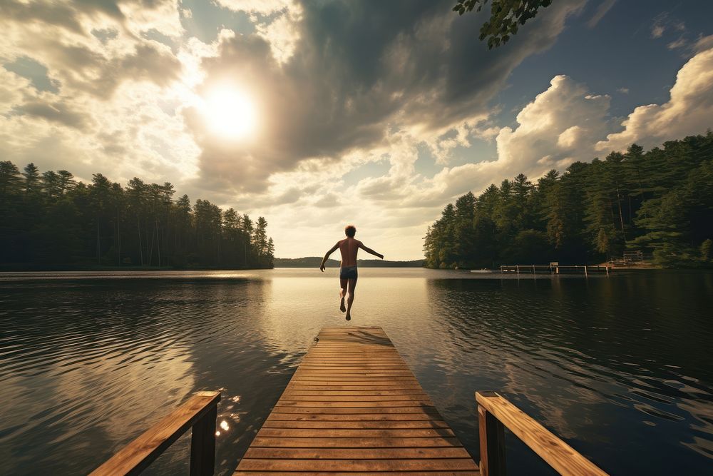 Lake outdoors jumping nature. 