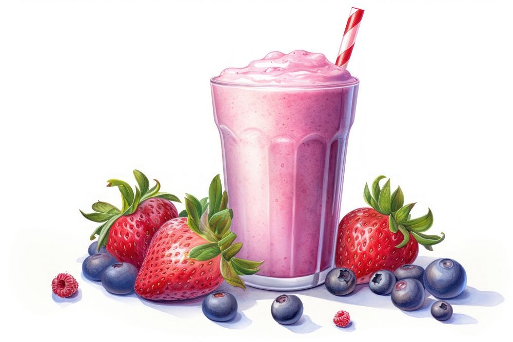 Smoothie strawberry blueberry milkshake, digital paint illustration. AI generated image