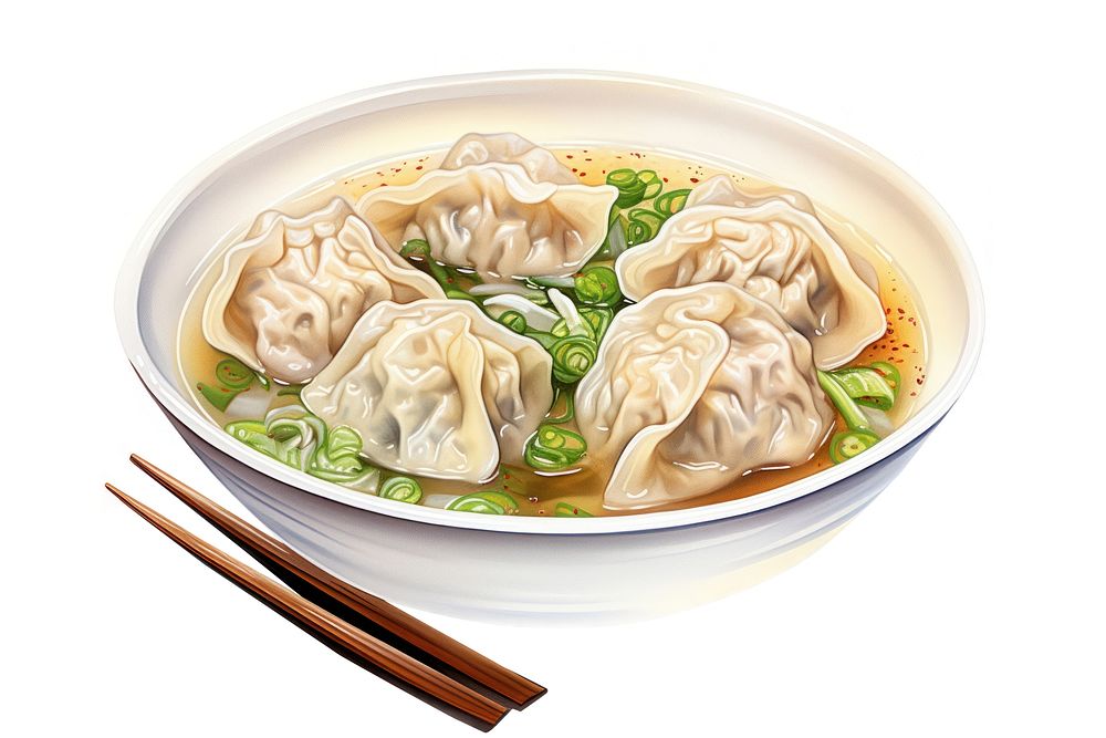 Dumpling wonton plate food, digital paint illustration. AI generated image
