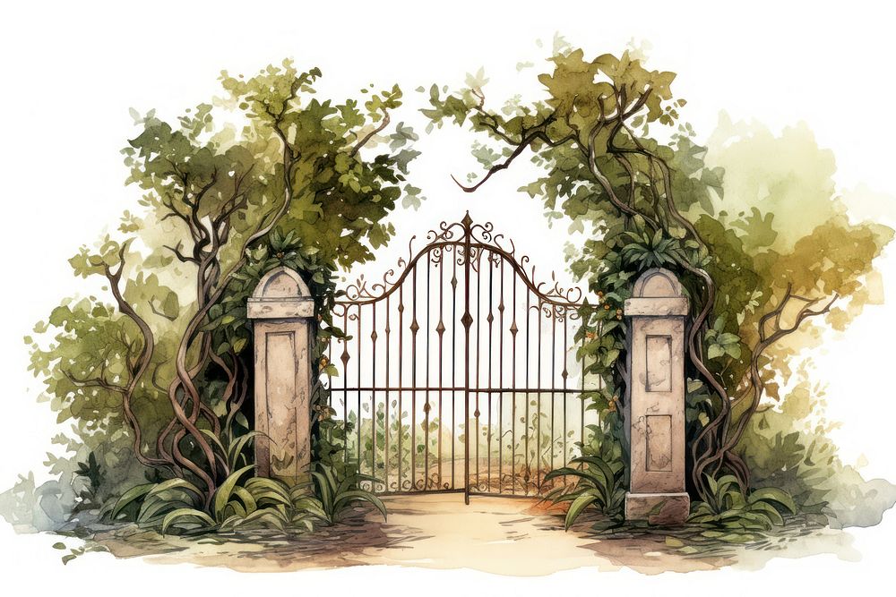 Gate outdoors garden architecture, digital paint illustration. AI generated image