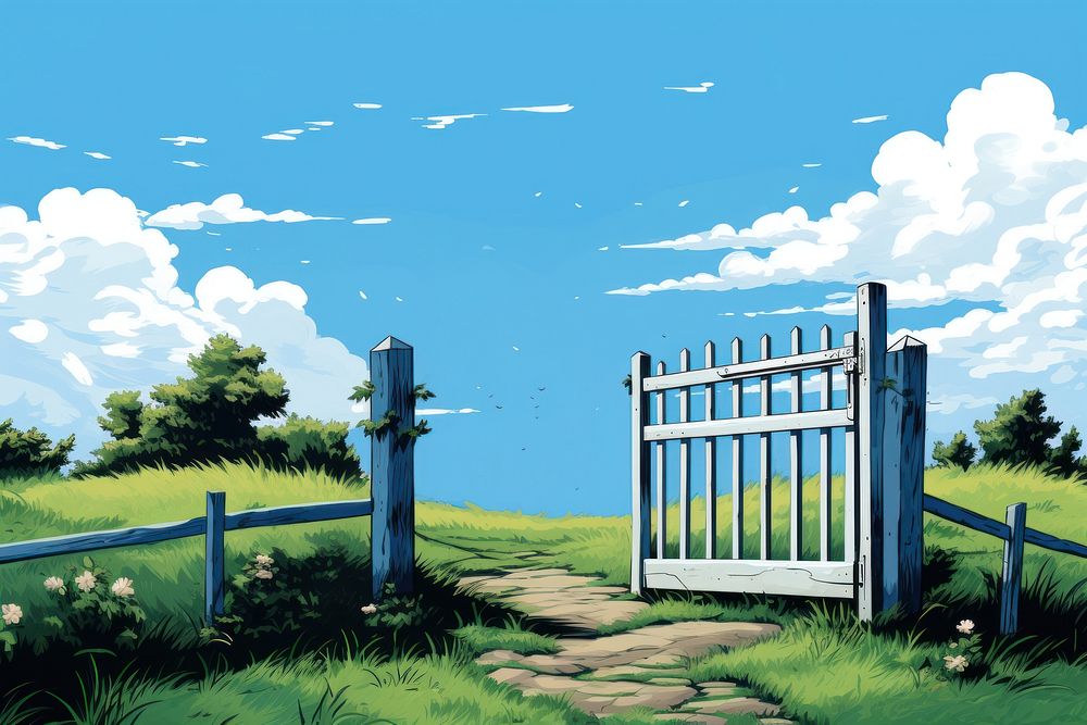 Gate outdoors nature plant, digital paint illustration. AI generated image