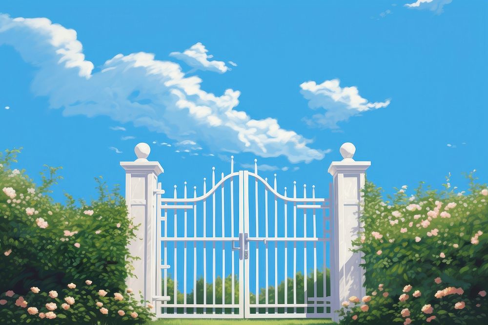 Gate outdoors nature garden, digital paint illustration. AI generated image