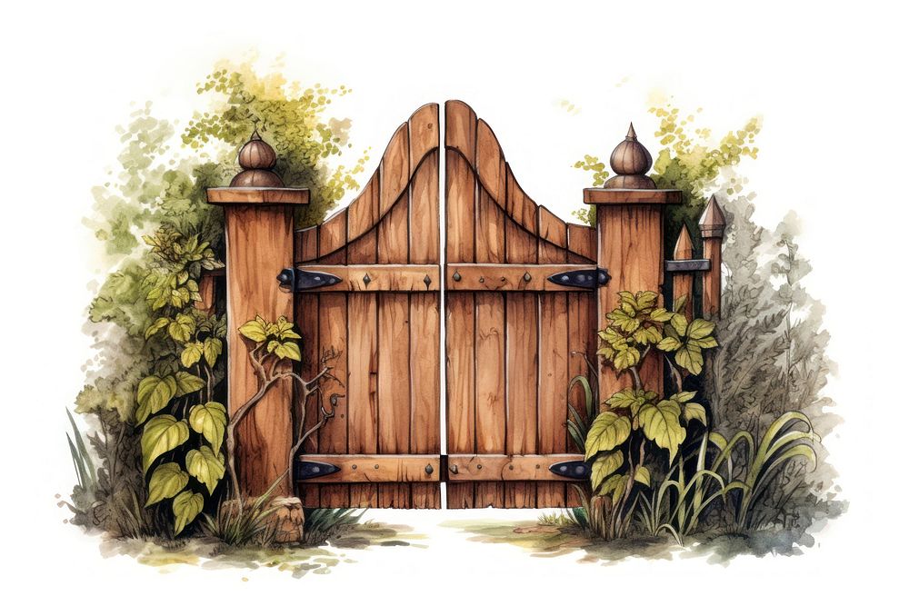 Gate outdoors wood architecture, digital paint illustration. AI generated image