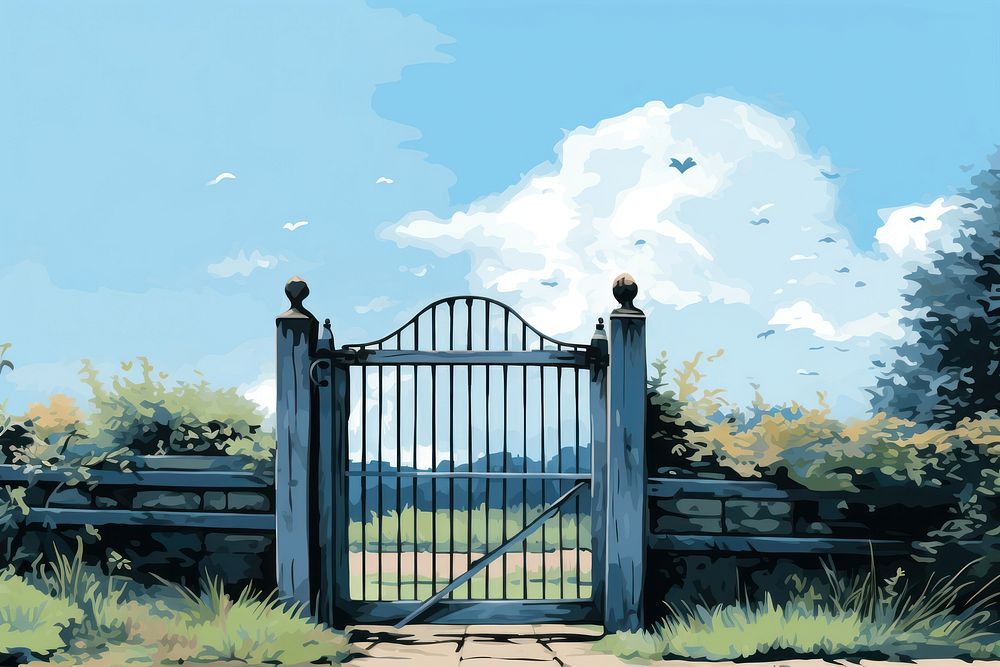 Gate outdoors blue sky, digital paint illustration. AI generated image