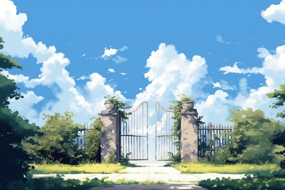 Gate architecture building outdoors, digital paint illustration. AI generated image
