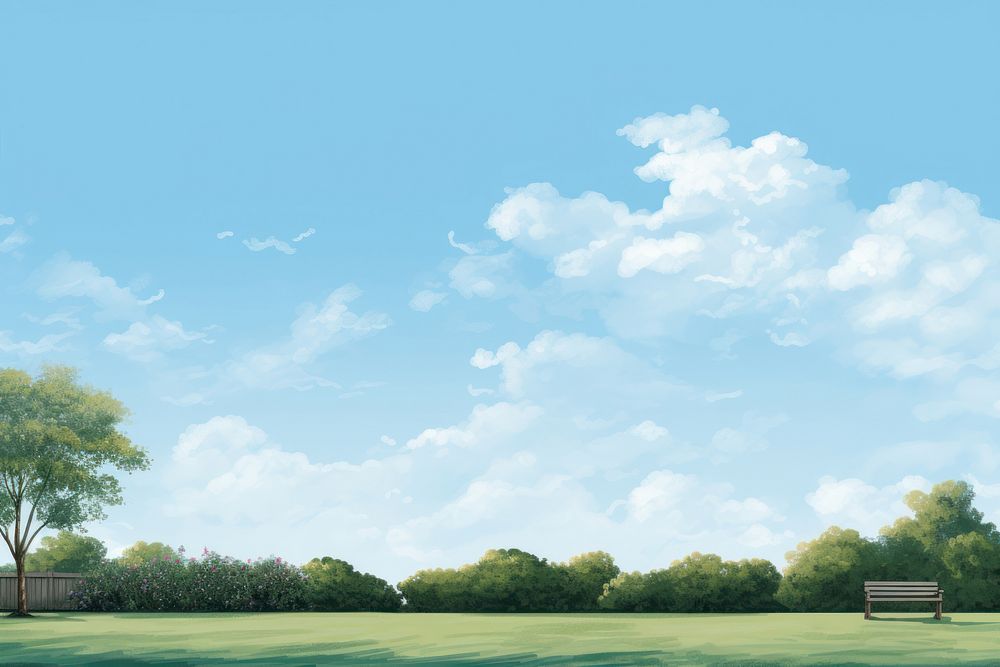 Lawn sky outdoors nature, digital paint illustration. 