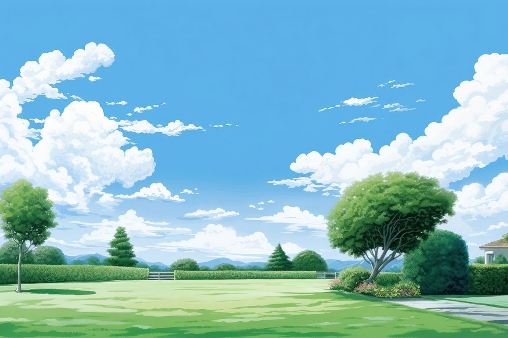Lawn sky landscape outdoors, digital paint illustration. AI generated image