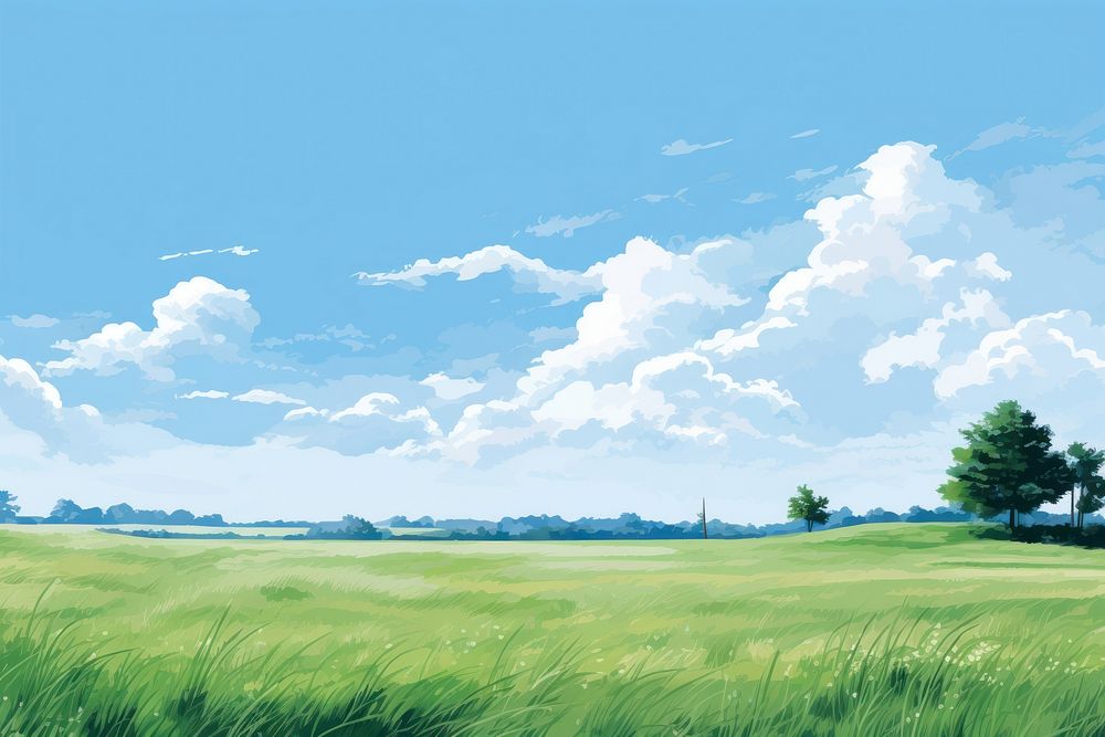 Sky grassland landscape outdoors, digital paint illustration. AI generated image