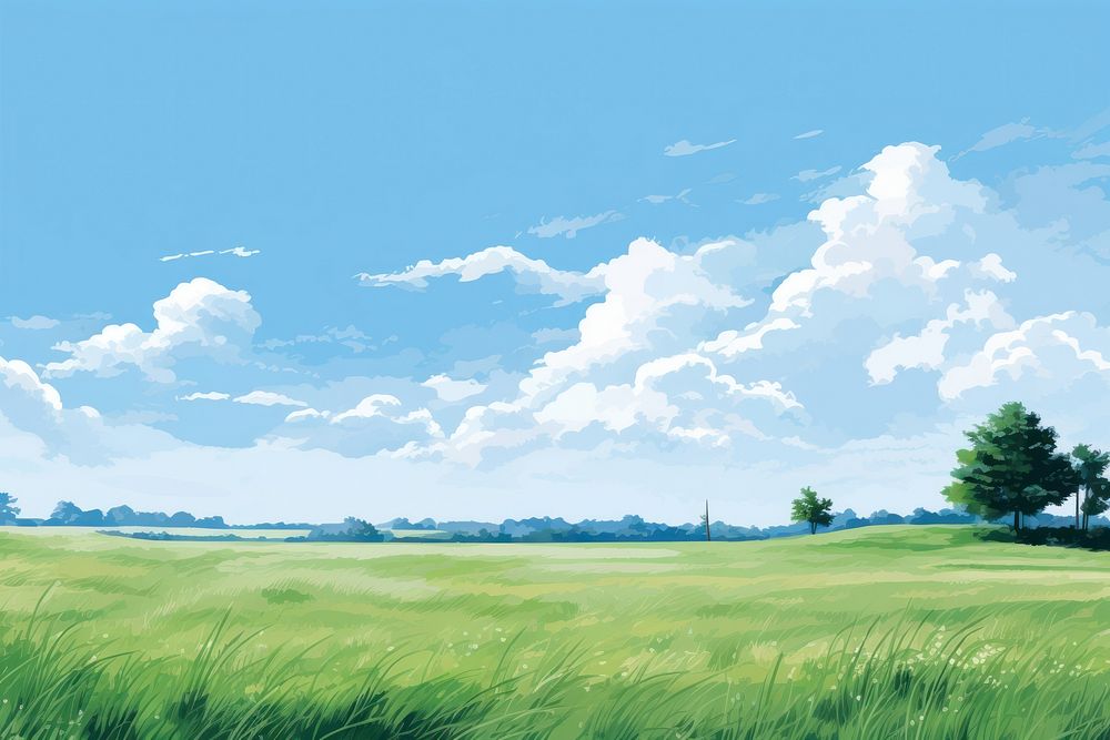 Sky grassland landscape outdoors, digital paint illustration.  image