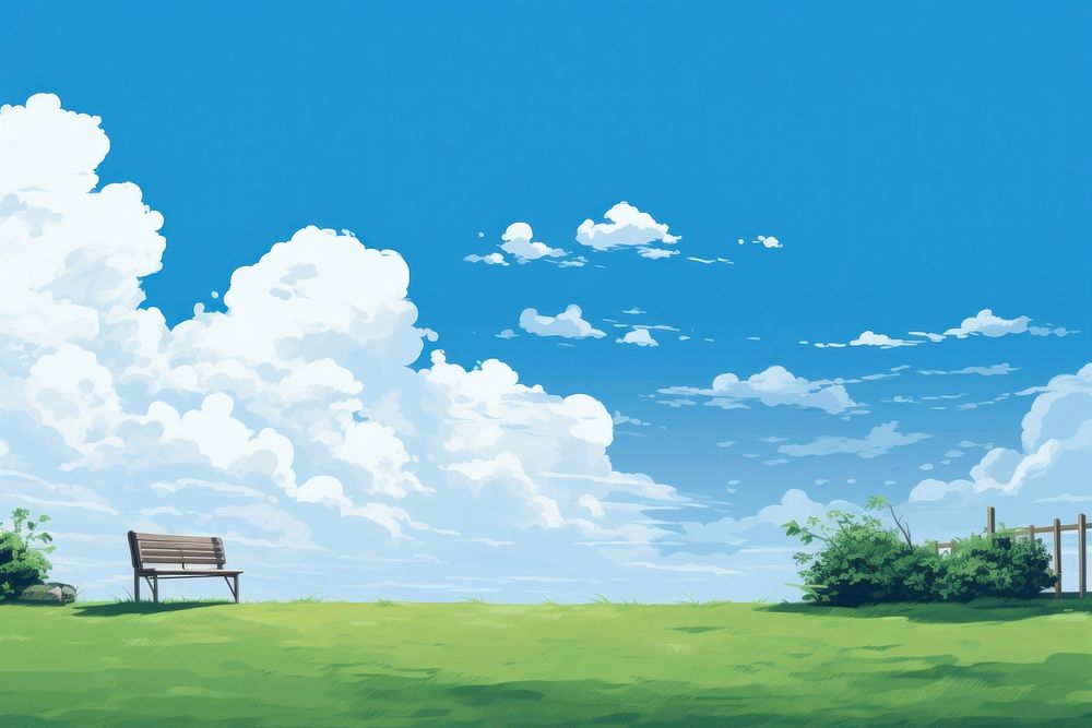 Lawn sky grassland landscape, digital paint illustration. AI generated image