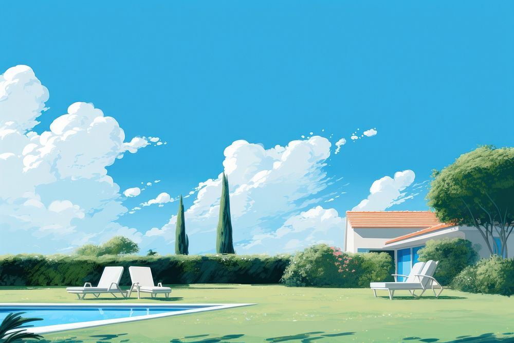 Sky architecture outdoors summer, digital paint illustration. AI generated image