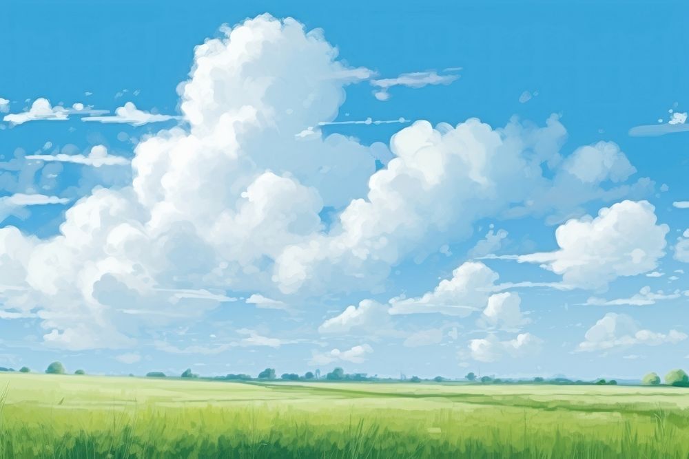 Cloud sky backgrounds grassland, digital paint illustration. AI generated image