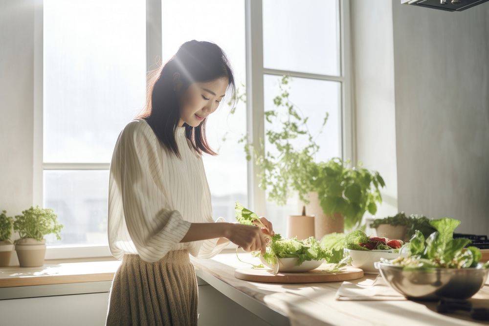 Kitchen adult plant woman. 