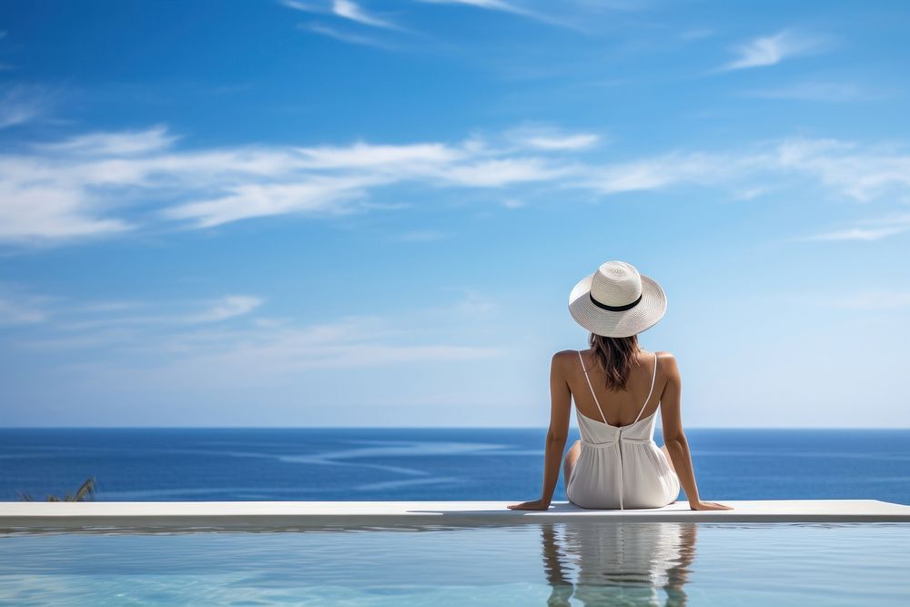 Woman sitting by the pool. 