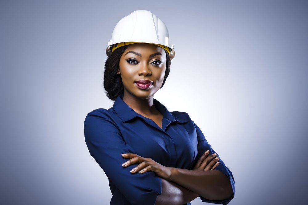 Portrait hardhat helmet female. 