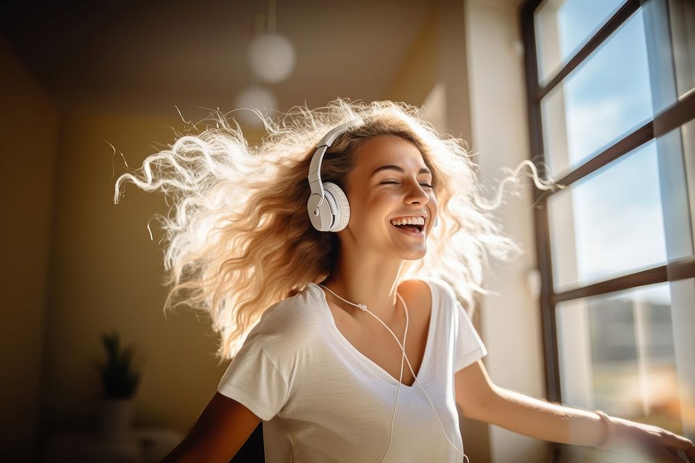 Headphones listening laughing adult. AI generated Image by rawpixel.