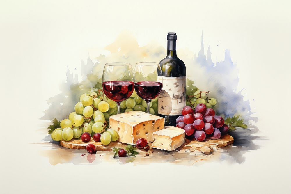 Wine cheese bottle grapes. AI generated Image by rawpixel.