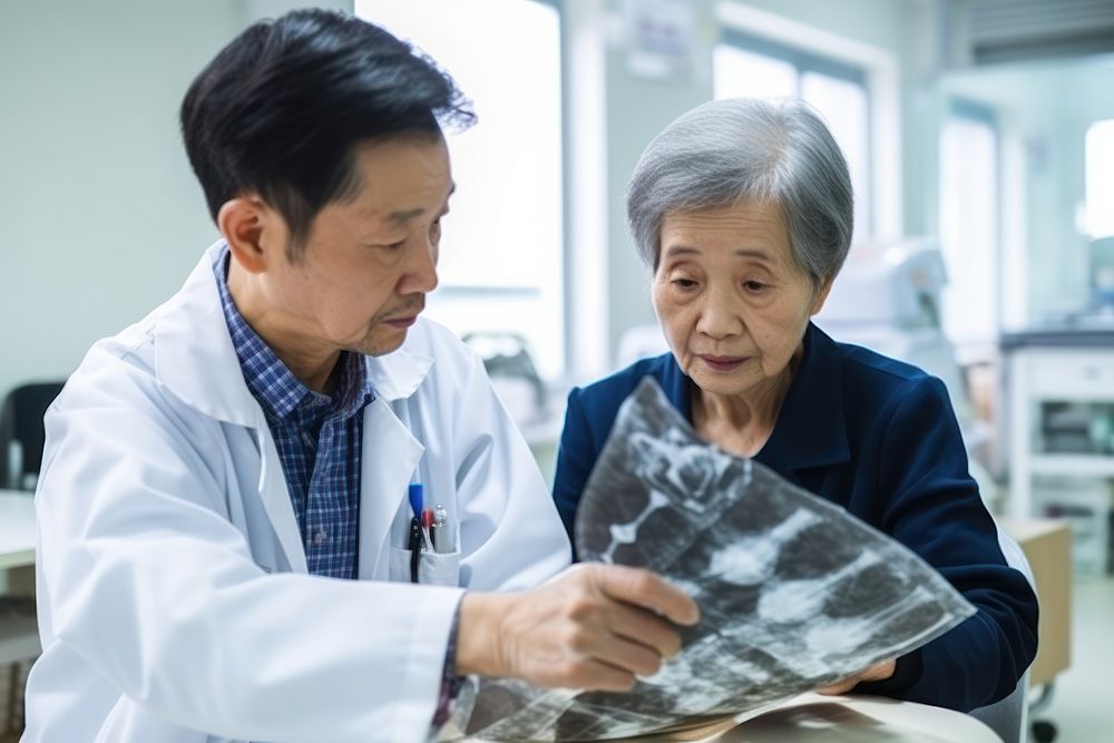 A close up photo of Chinese guy doctor looking x-ray film with elderly woman wear informal dress at white background…
