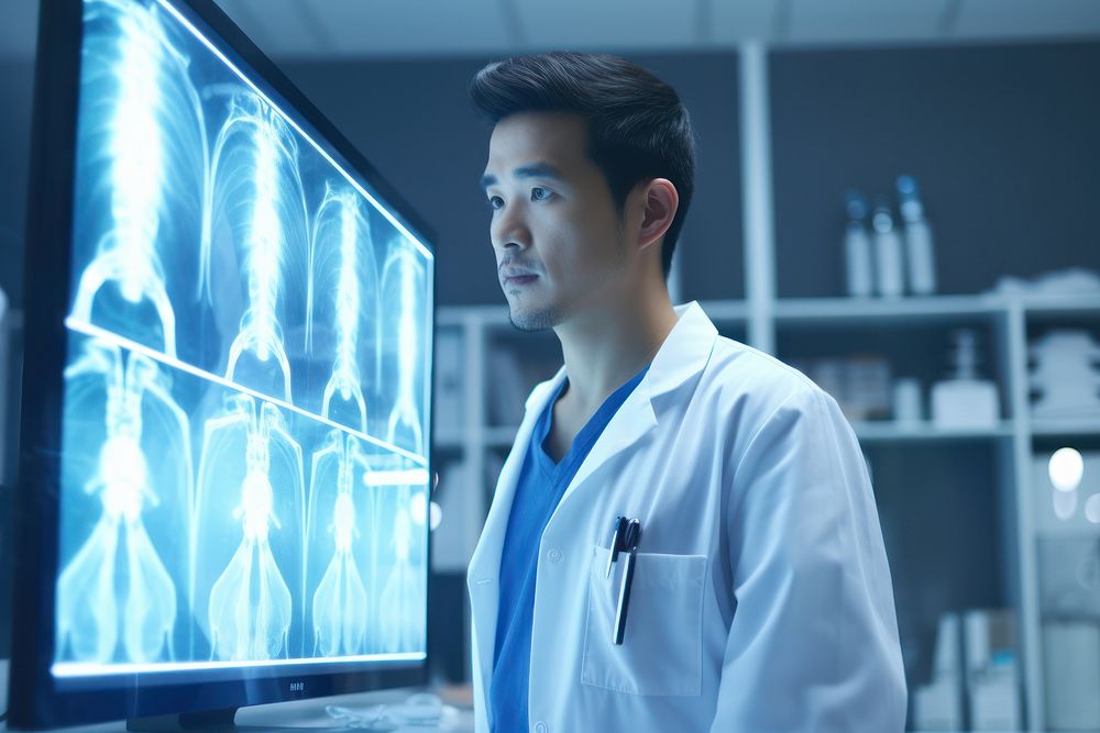 /A close up photo of young doctor stand in front of ar x-ray monitor, white background hospital, realistic, very detailed…