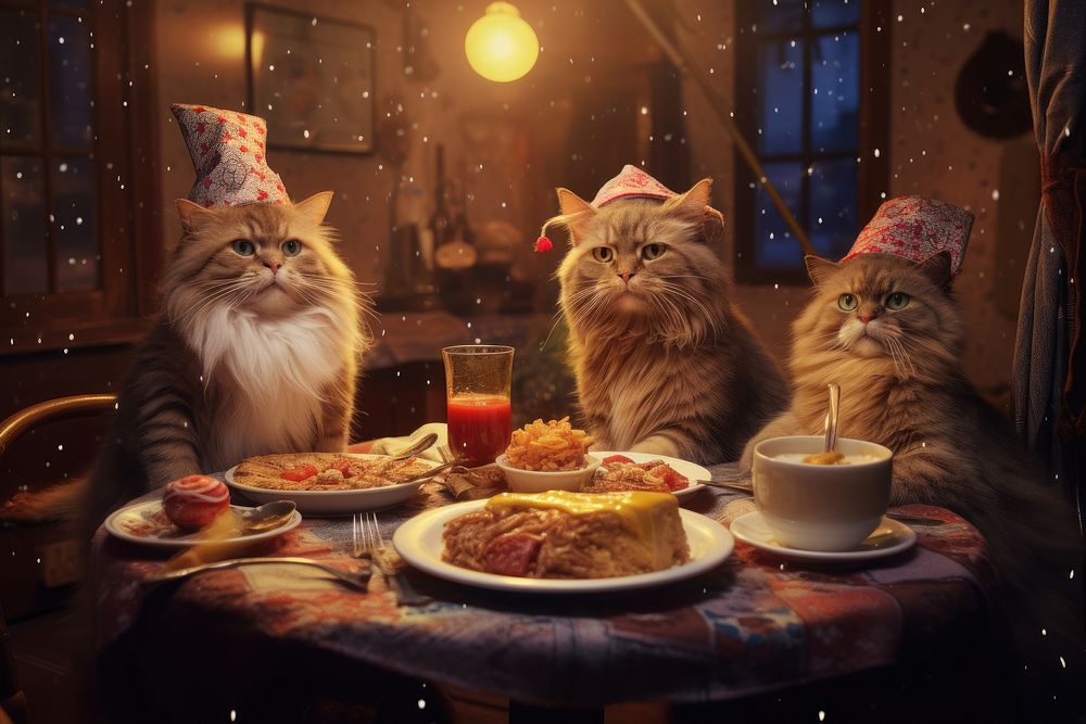 Four cats celebrating New Year Party 2024 golden hour --ar 3:2