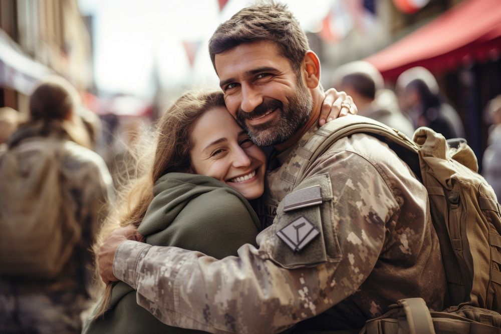 Hugging military adult man. AI generated Image by rawpixel.