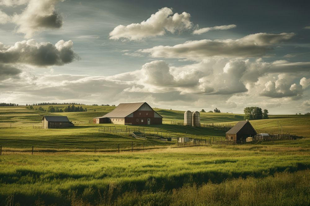 Farm architecture landscape grassland. AI generated Image by rawpixel.
