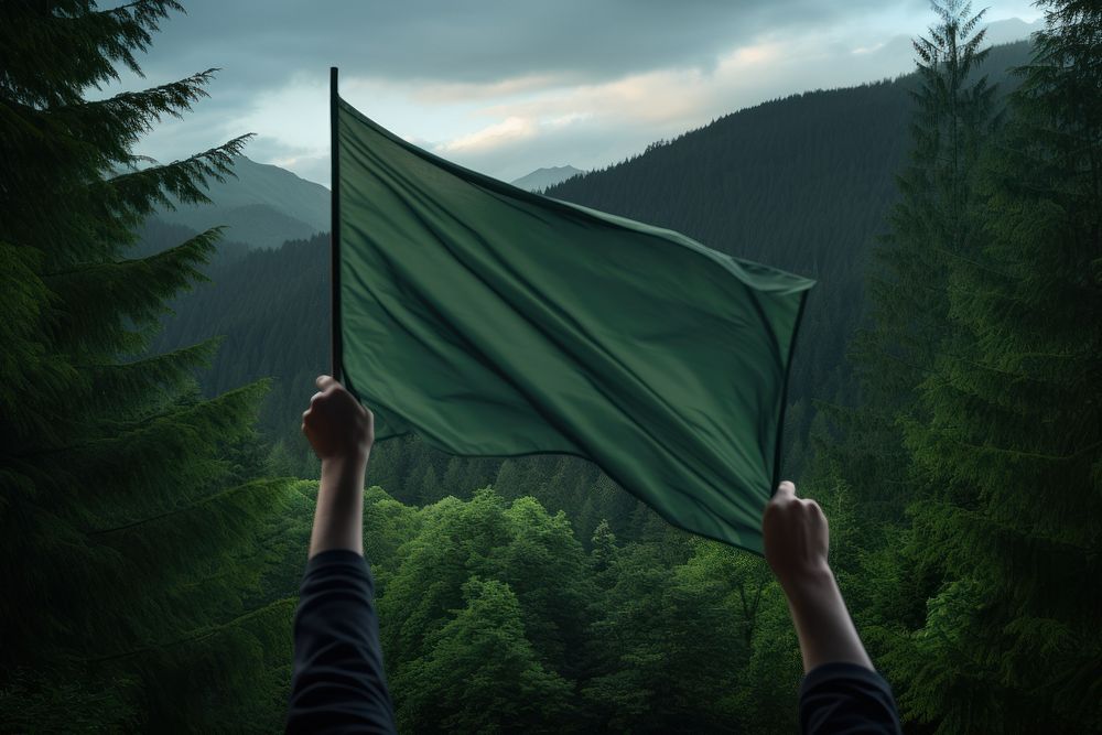 photo of a hand holding the fabric flag high up to the green deep forest, 8k, f5.6, mockup, fun, closeup shot --ar 3:2 