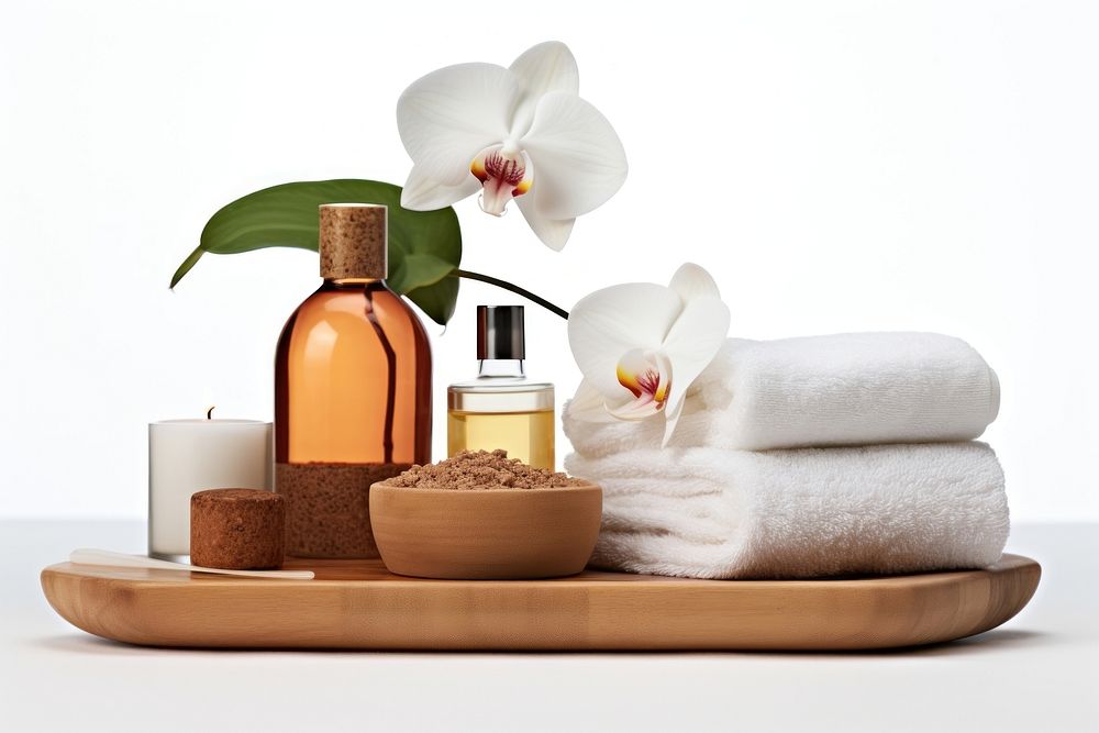 Bottle flower towel spa. AI generated Image by rawpixel.