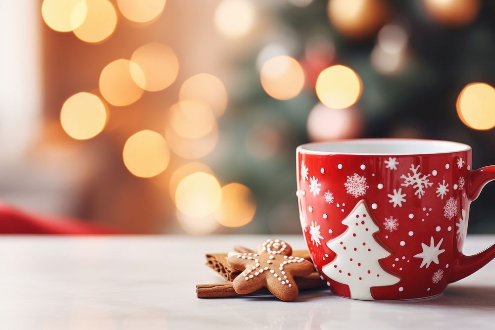 Realistic close up a red Mug with Christmas Tree Cookie,Â natural lightÂ --ar 3:2