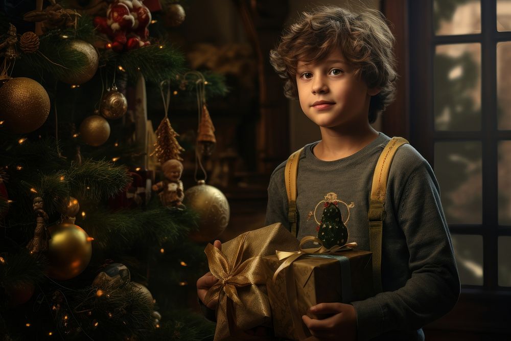 Realistic sideÂ -Â angle a boy carrying a present next to a Christmas tree with various ornaments,Â natural lightÂ --ar 3:2