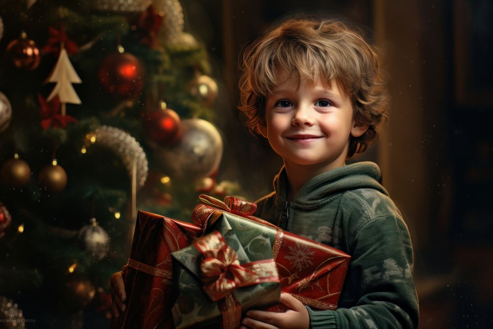 Realistic sideÂ -Â angle a happy boy carrying a present next to a Christmas tree with various ornaments,Â natural lightÂ -…