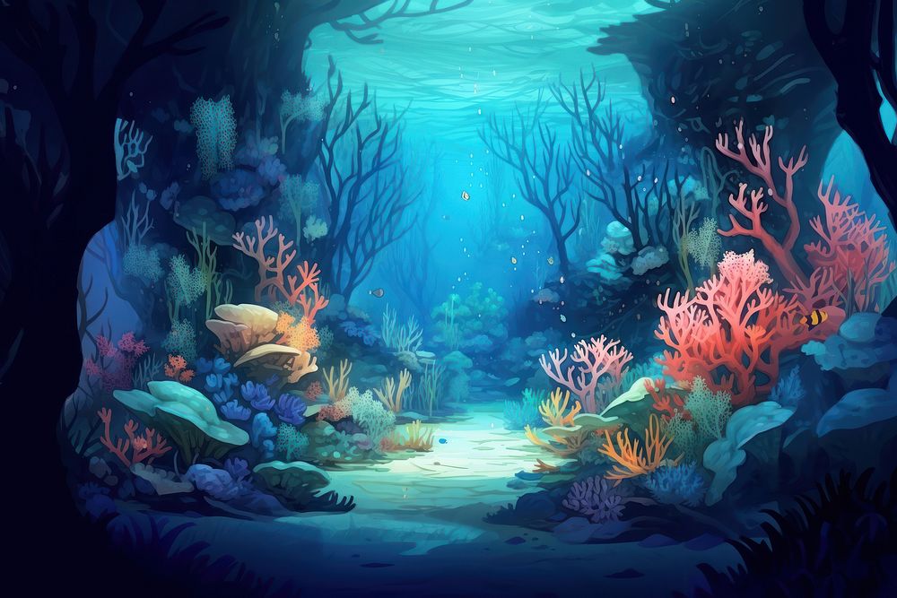 Underwater outdoors aquarium nature, digital paint illustration. AI generated image