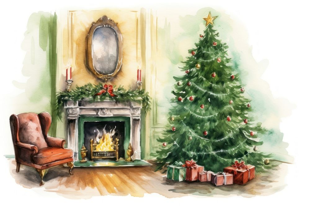 Christmas tree fireplace chair. AI generated Image by rawpixel.