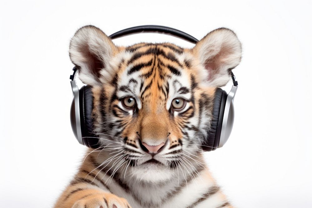 Tiger headphones mammal white background. AI generated Image by rawpixel.